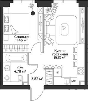 2-комн., 39.19 м², 7/27 этаж, ЖК «Гранд Фили»