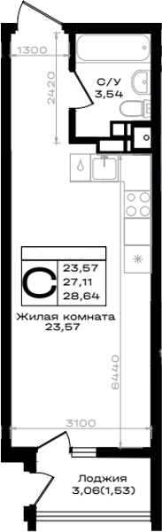 Студия квартира, 27.11 м² в ЖК ЮЖНО — фото 2