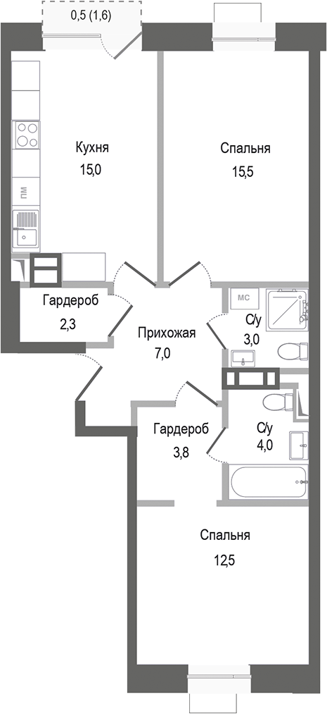 2-комн., 63.1 м², 6/8 этаж, ЖК «Киноквартал»
