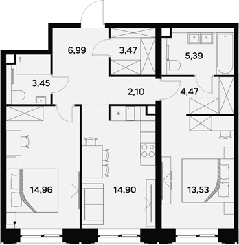 2-комн., 69.26 м², 31/44 этаж, ЖК «УЛЬТИМА Сити»