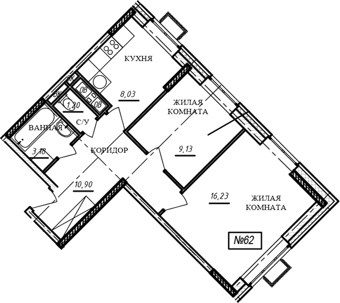 2-комн., 48.7 м², 14/16 этаж, ЖК «Краснофлотский»
