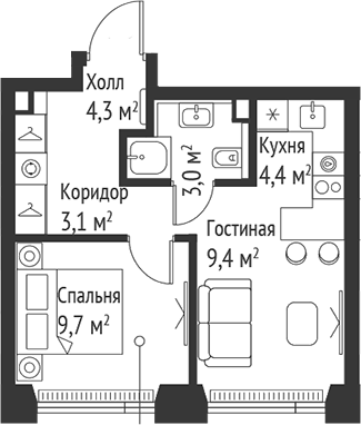2-комн., 33.9 м², 28/59 этаж, ЖК «СЕТ»