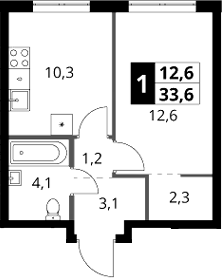 1-комн., 33.6 м², 2/16 этаж, ЖК «1-й Ясеневский»