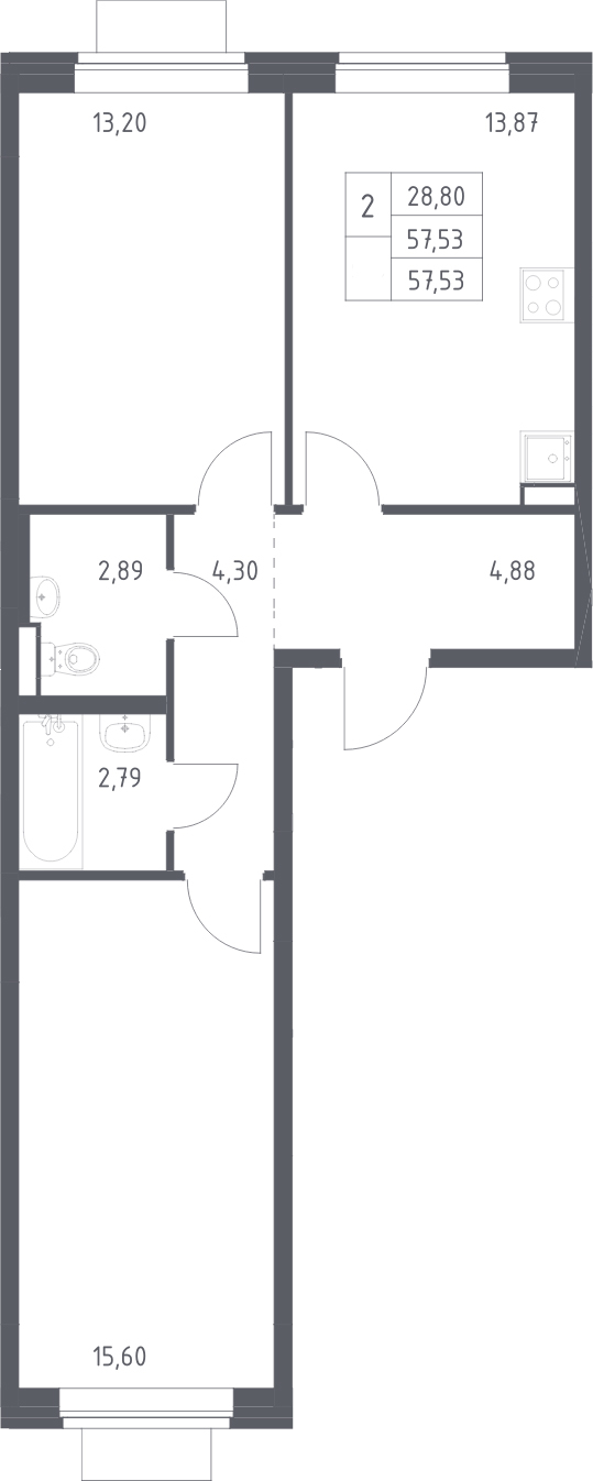 2-комн., 57.53 м², 13/13 этаж, ЖК «Новое Видное»