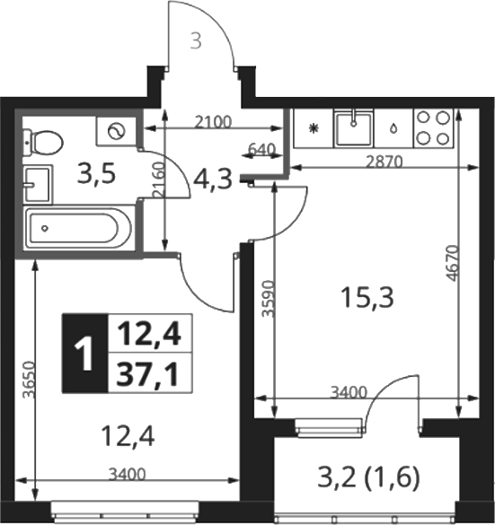 2-комн., 35.5 м², 2/18 этаж, ЖК «1-й Ясеневский»