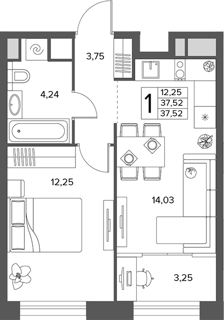 1-комн., 37.52 м², 8/16 этаж, ЖК «Городской бор»