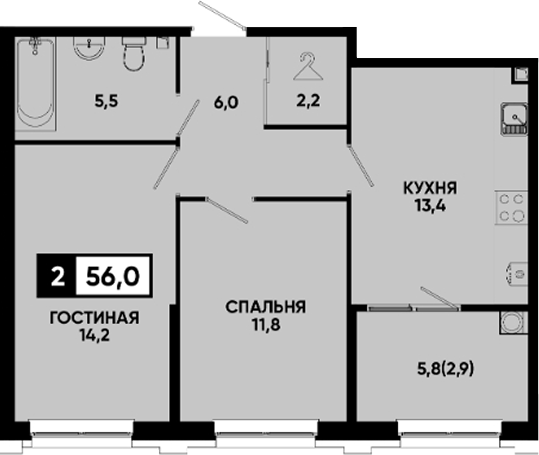 2-комн., 53.1 м², 2/14 этаж, ЖК «Квартал на курорте Моя Легенда»