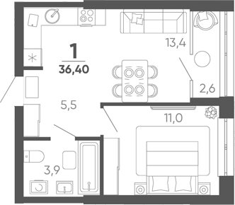 1-комн. квартира, 33.8 м² в ЖК Барса — фото 2