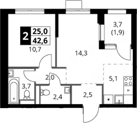 2-комн., 40.7 м², 5/18 этаж, ЖК «1-й Ясеневский»