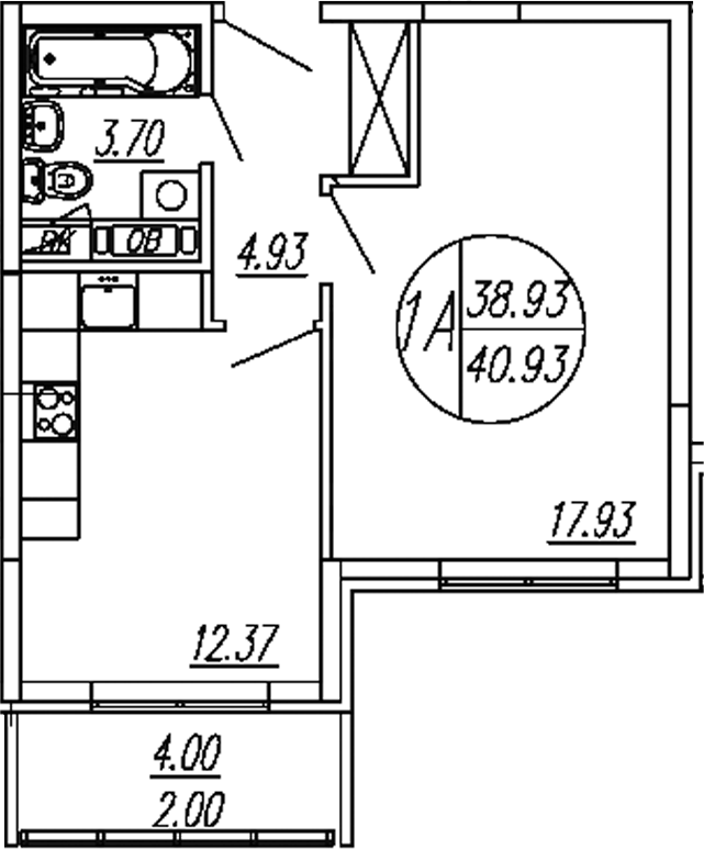 1-комн., 38.93 м², 1/4 этаж, ЖК «Шолохово»