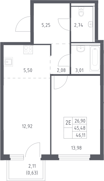 2-комн., 45.48 м², 10/17 этаж, ЖК «Пригород Лесное»