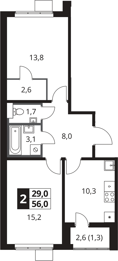 2-комн., 54.7 м², 23/25 этаж, ЖК «1-й Южный»