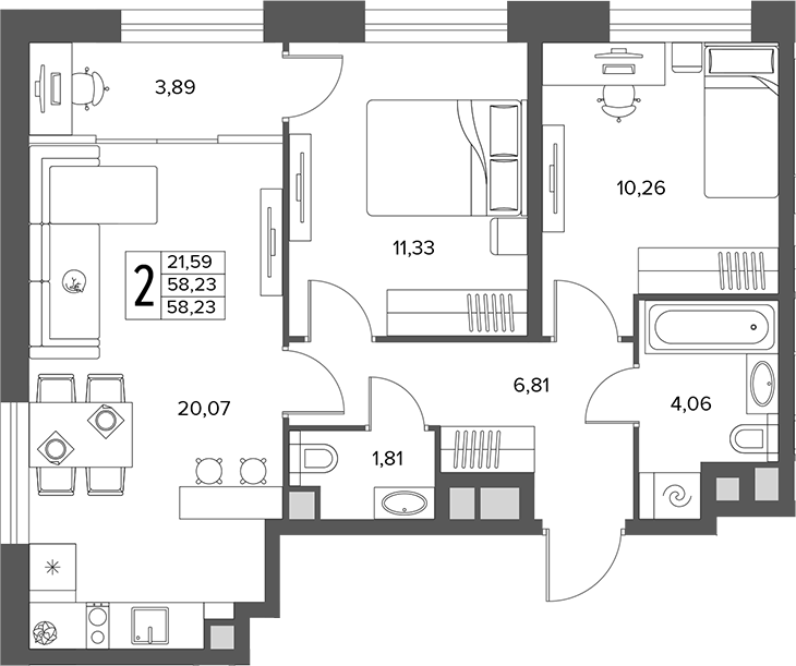 3-комн., 58.23 м², 2/16 этаж, ЖК «Городской бор»