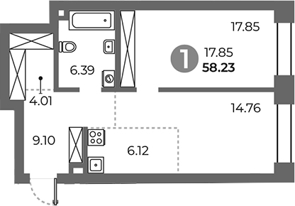 1-комн., 58.23 м², 13/24 этаж, ЖК «Павелецкая от Гранель»