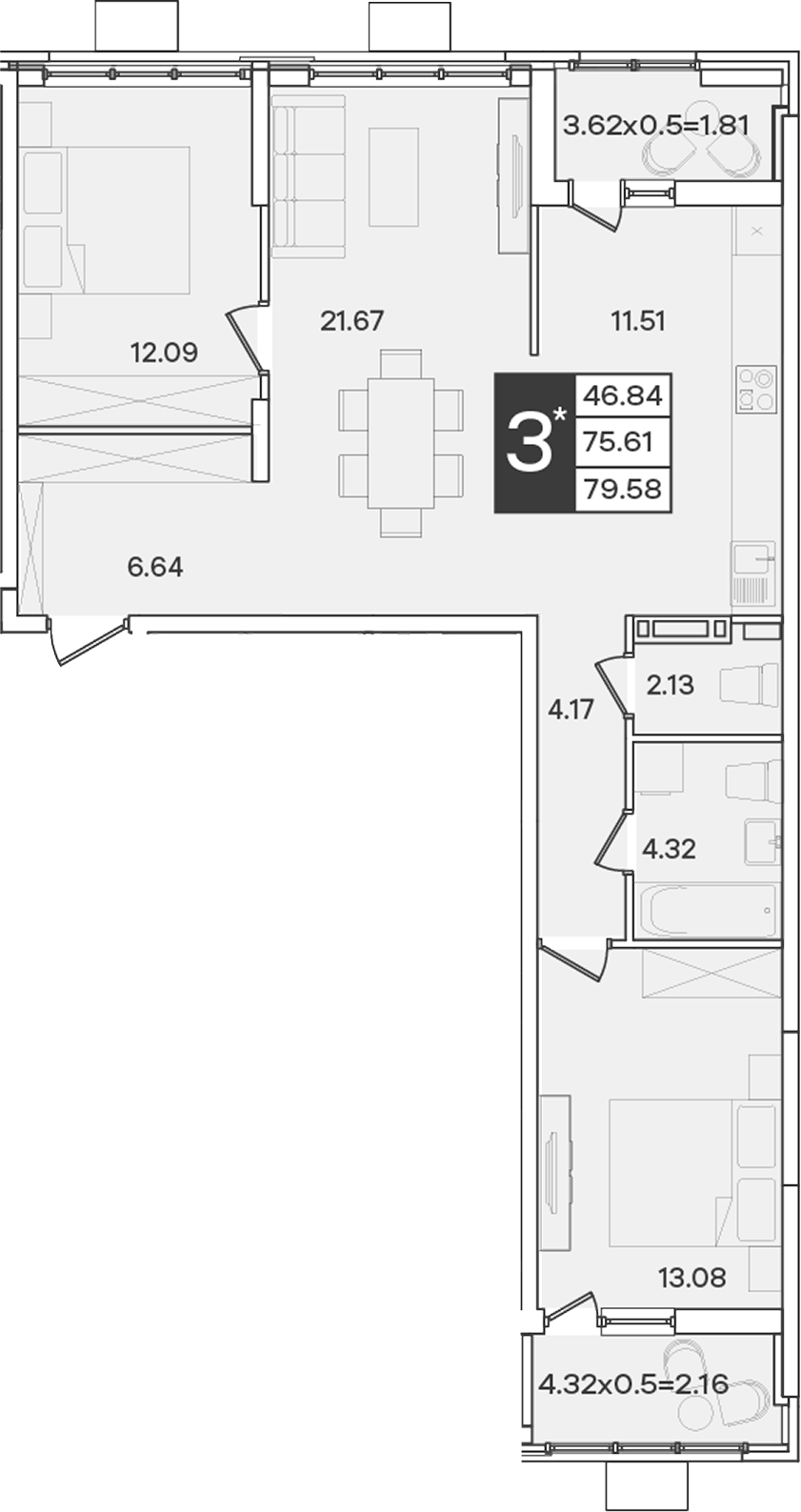 3-комн., 75.61 м², 5/9 этаж, ЖК «Сюжеты»