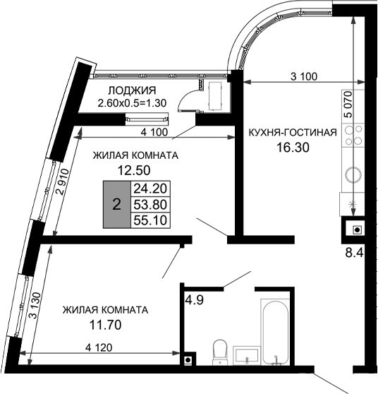 3-комн. квартира, 53.8 м² в ЖК Фонтаны — фото 2