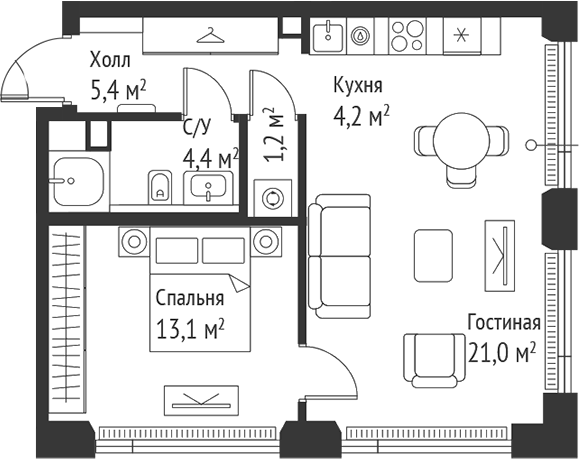 2-комн., 49.3 м², 12/28 этаж, ЖК «СЕТ»