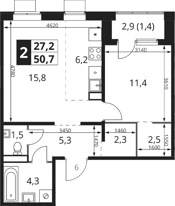 2-комн., 49.3 м², 12/17 этаж, ЖК «1-й Ясеневский»