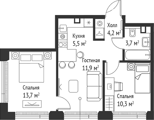 3-комн., 49.2 м², 36/52 этаж, ЖК «СЕТ»