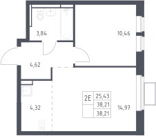 2-комн., 38.21 м², 12/12 этаж, ЖК «Новое Видное»