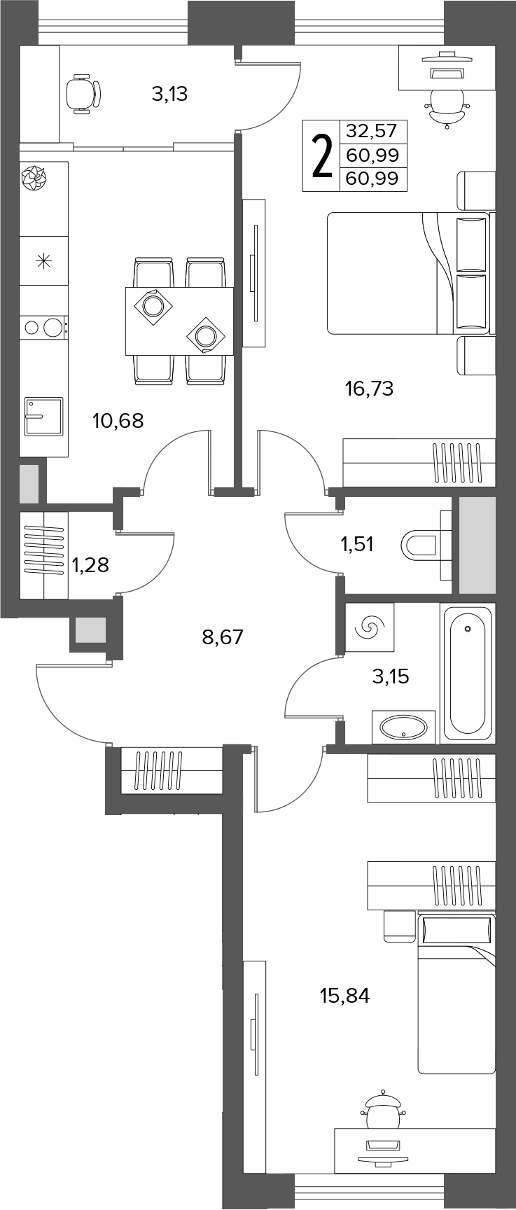 2-комн., 60.99 м², 2/14 этаж, ЖК «Городской бор»