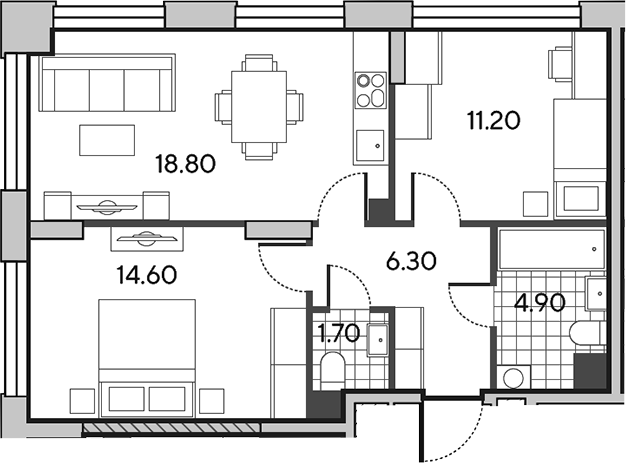 3-комн., 57.5 м², 3/30 этаж, ЖК «Вейв»