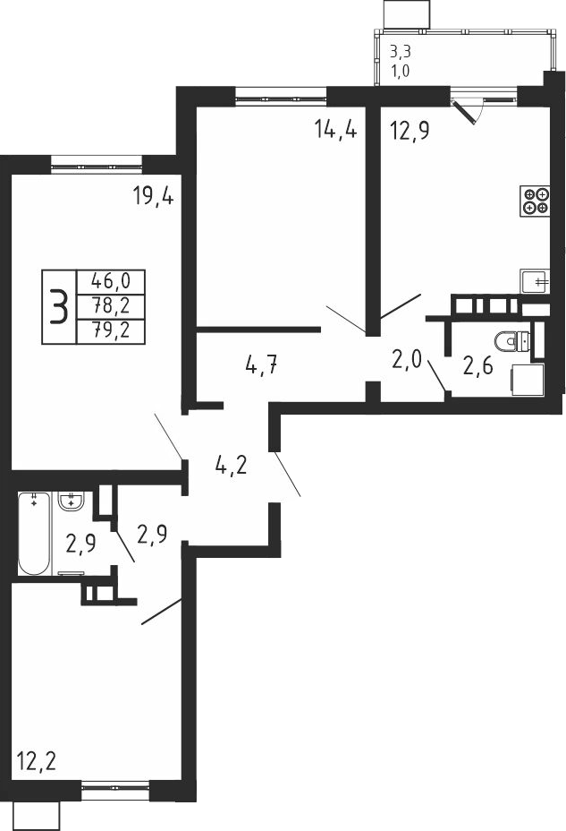 3-комн., 78.2 м², 3/9 этаж, ЖК «Пироговская ривьера. Мытищи»