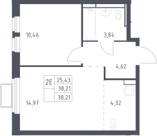 2-комн., 38.21 м², 12/12 этаж, ЖК «Новое Видное»