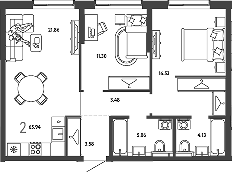 2-комн., 65.94 м², 15/18 этаж, ЖК «Страна.Парковая»