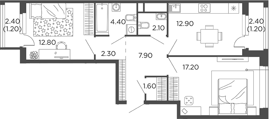 2-комн., 61.2 м², 5/12 этаж, ЖК «Филатов Луг»