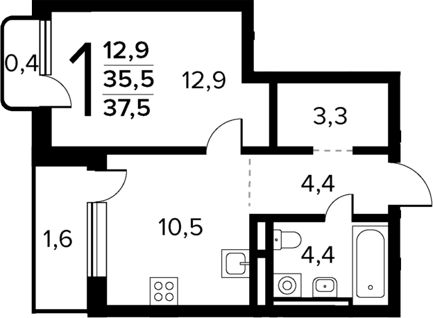 2-комн., 35.5 м², 11/14 этаж, ЖК «Новые Ватутинки Квартал у реки»