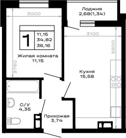 1-комн., 34.82 м², 7/16 этаж, ЖК «Горные высоты»