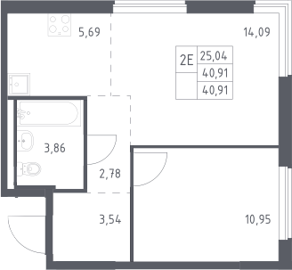 2-комн., 40.91 м², 2/17 этаж, ЖК «Мытищи Парк»