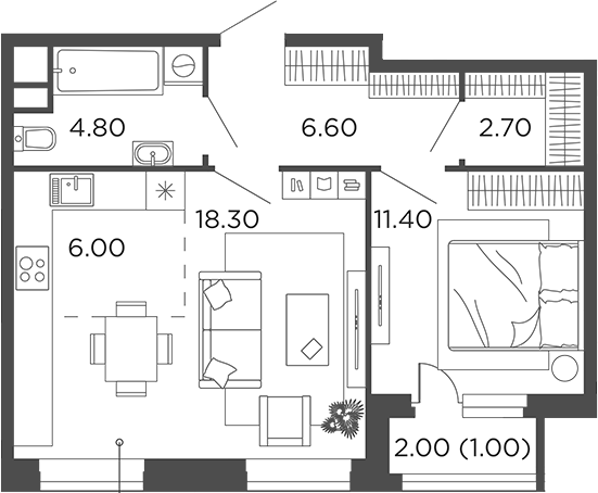 2-комн., 49.8 м², 12/12 этаж, ЖК «Филатов Луг»