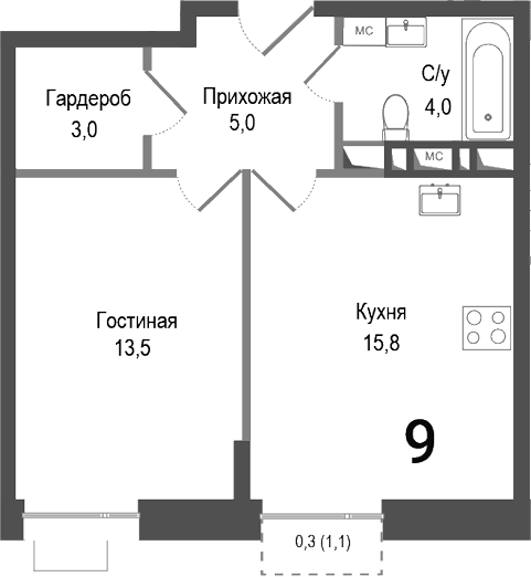 1-комн., 41.1 м², 3/8 этаж, ЖК «Киноквартал»