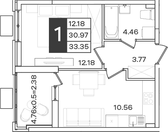 1-комн., 30.97 м², 2/18 этаж, ЖК «Сюжеты»