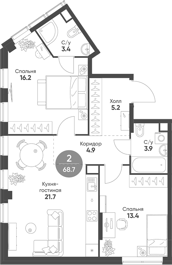 3-комн., 68.7 м², 15/22 этаж, ЖК «Соколинн Парк»