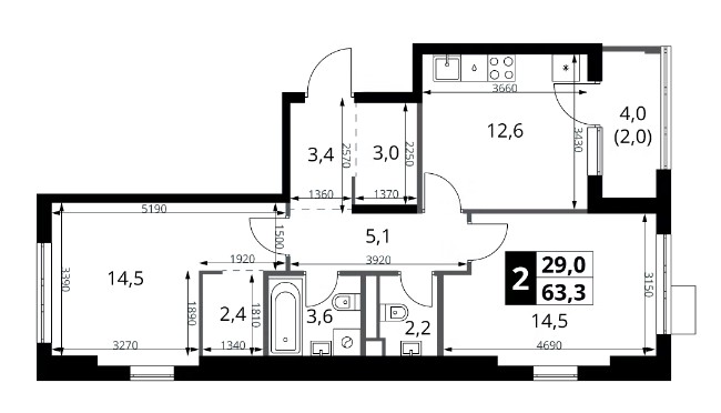 2-комн., 61.3 м², 11/18 этаж, ЖК «1-й Ясеневский»