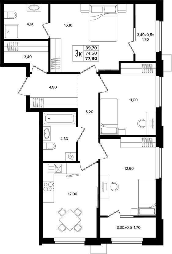3-комн., 74.5 м², 2/15 этаж, ЖК «Лермонтов Парк»