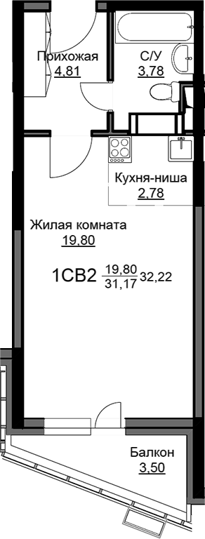 Студия, 31.17 м², 15/17 этаж, ЖК «Соболевка»