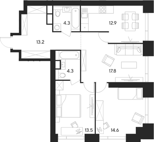 3-комн., 80.6 м², 11/55 этаж, ЖК «Инди Тауэрз от Аквилон»