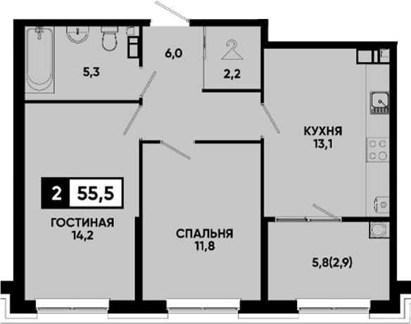 2-комн., 52.6 м², 3/14 этаж, ЖК «Квартал на курорте Моя Легенда»