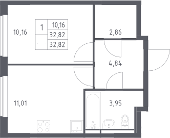 1-комн., 32.82 м², 8/17 этаж, ЖК «Мытищи Парк»