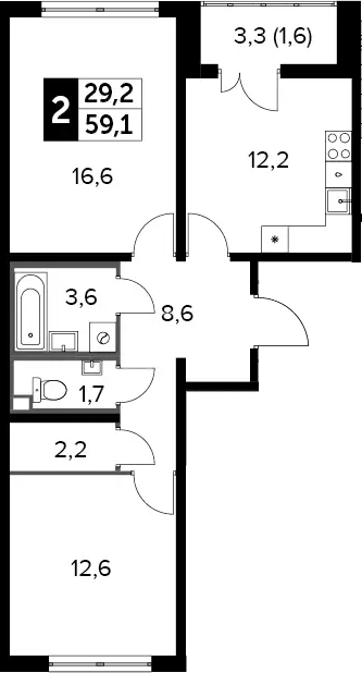 2-комн., 58.8 м², 21/24 этаж, ЖК «Южная Битца»