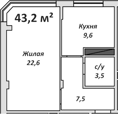 1-комн., 43.3 м², 4/9 этаж, ЖК «Спортивный»