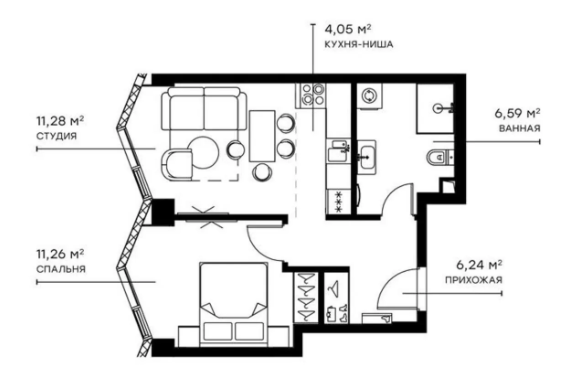 2-комн., 39.42 м², 11/49 этаж, ЖК «Симфония 34»