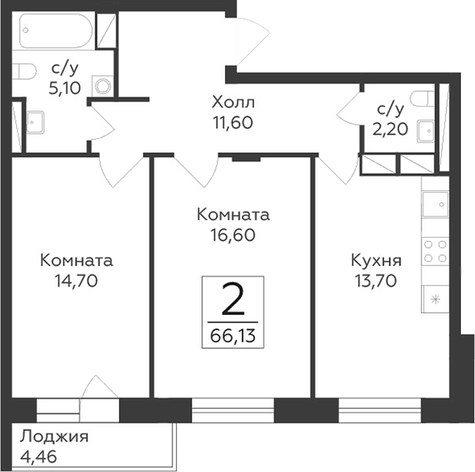 2-комн., 63.9 м², 9/17 этаж, ЖК «Малаховский»