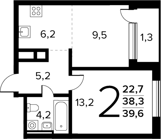 2-комн., 38.3 м², 3/14 этаж, ЖК «Новые Ватутинки Квартал у реки»