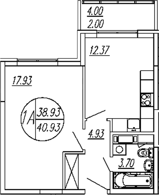 1-комн., 38.93 м², 4/4 этаж, ЖК «Шолохово»