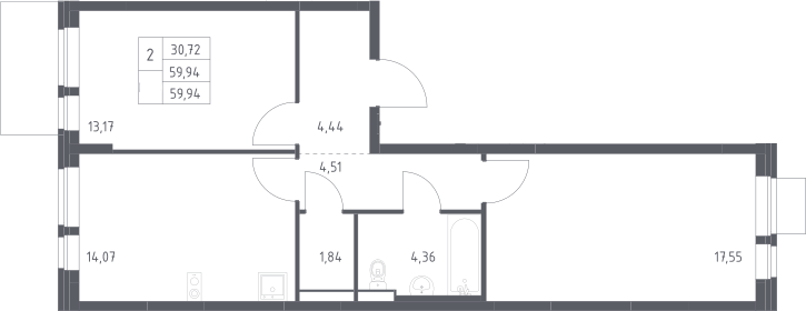 2-комн., 59.94 м², 10/17 этаж, ЖК «Квартал Авиаторов»
